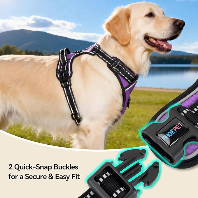 PHOEPET No Pull Dog Harnesses for Small Puppies Reflective Adjustable Front Clip Vest with 2 Metal Leash Attachment Hooks Soft Handle(S, Purple)