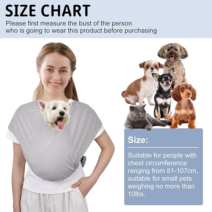 CUBY Swaddle Dog Sling Carrier for Small Dogs, Front Pet Sling Carrier Chest,Hands Free Adjustable Cat Sling Carrier Soft Cotton Reducing Pain Puppy Sling Carrier for Small Pet Up to 10lb (Light Gray)