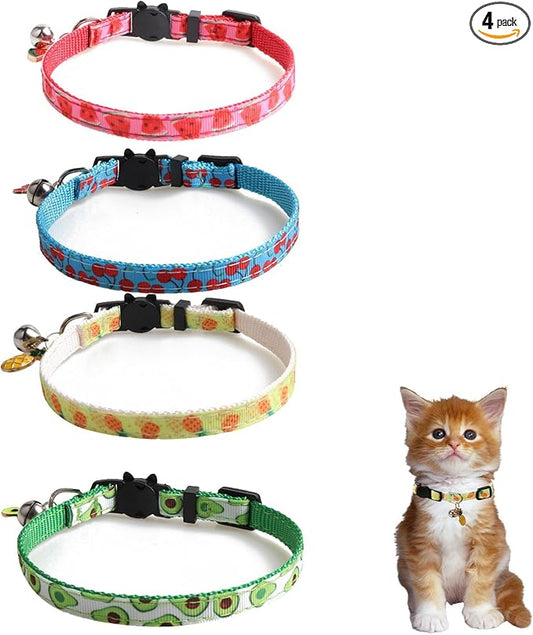 4 Pack Breakaway Cat Collar with Bell,Safety Adjustable Cat Collars Set with Fruit Pattern,Ideal for Girl Cats Boy Cats