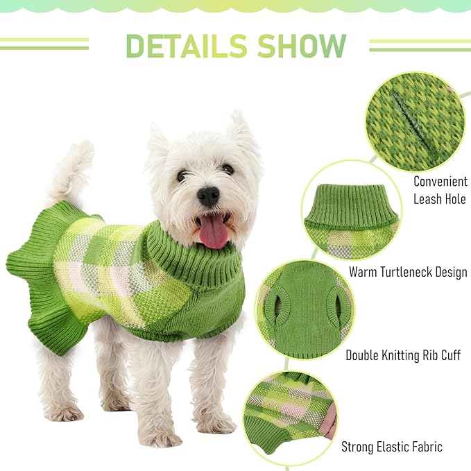 Dog Sweater Dress Plaid Knitwear for Small Medium Dogs Warm Puppy Pet Turtleneck Stretch Pullover Cute Fall Winter Vest Clothes with Leash Hole for Christmas (Green, L)