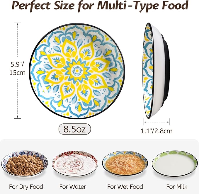 WROSWT Non-Slip Cat Bowl,Ceramic Cat Food Bowls with Silicone Bottom, Anti-Whisker Fatigue Cats Dishes Set, Shallow & Wide Kitten Plates for Food and Water, 4 Pack