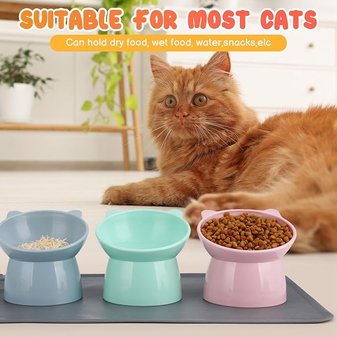 3 Pcs Elevated Cat Bowls 15° Raised Cat Bowl with Silicone Mat Whisker Friendly Anti Vomiting Cats Elevated Food and Water Bowls for Indoor Cats Kittens