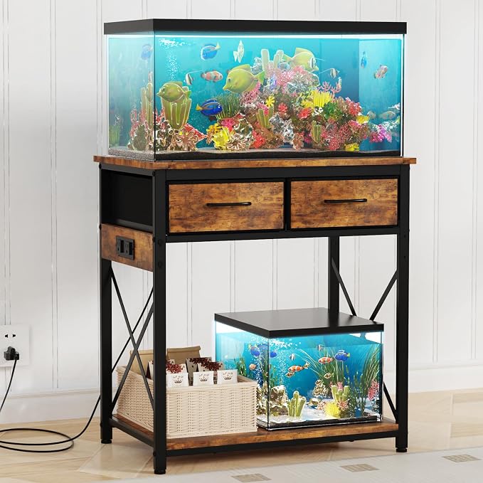 20-29-37 Gallon Fish Tank Stand with Power Outlets and 2 Drawers, Brown | Heavy duty metal frame holds up to 400 pounds with a lower shelf for a second aquarium, turtle tank or reptile terrarium