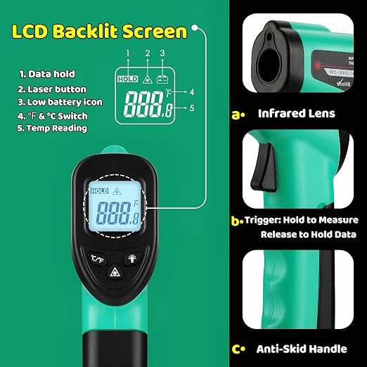 OnniOne Digital Laser Thermometer Temperature Gun for Aquarium Fish Tank | -58℉~1022℉ Infrared IR Thermometer for Gecko Spider Lizard Reptile Thermometer, Forest Terrarium Accessories Gift