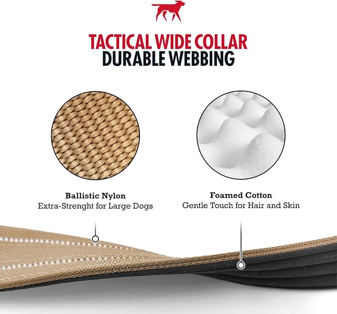 Tuff Pupper Tactical Dog Collar | Heavy Duty 1.5" Wide Ballistic Nylon | Training Control Handle | Quick-Release Metal Buckle | Reflective Bands | ID Tag Holder | Padded Inner Lining (Tan, Large)