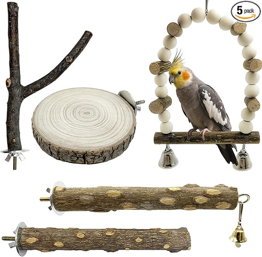 5Pcs Natural Wooden Bird Perch Set – Parrot Perch Toys, Wooden Perch Swing, Cage Accessories for Budgies, Cockatiels, Lovebirds, Finches, and Other Small to Medium Birds (Brown, 5PCS-B)