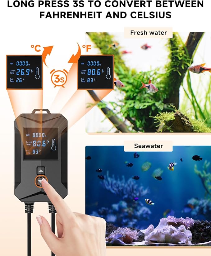 AQQA Aquarium Heater,64-95°F Double Quartz Glass Tube Fish Tank Heater | High-definition LCD Controller Displays Real-time Power,Anti-dry and Over-temperature Protection (1400W 260-380 Gal)