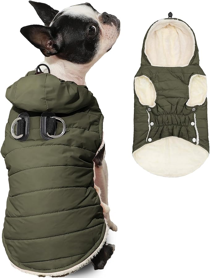 Vecomfy Fleece Lining Dog Hoodie with Harness Built in,Extra Warm Small Dog Jacket in Winter Puppy Coats with Drawstring Hooded,Green M