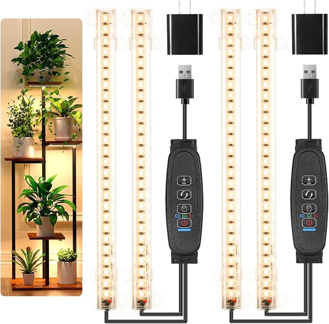 8.6'' LED Grow Light Strips, Full Spectrum 3500K Grow Lights for Indoor Plants, 2 Head with 3/9/12H Timer, 10 Dimmable Levels, Suitable for Seedling, Succulent, Plant Shelf and Greenhouse, 2-Pack
