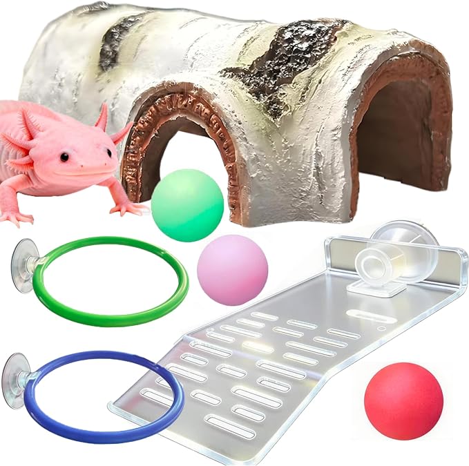 7 pcs Axolotl Hideout Set with Cave Fake Water Plants Filter Balls Reptile Hides Aquarium Terrarium Corner Hideaway Underground Curve Tortoise Turtle Hideout Lizard Fish Tank Decor Accessories