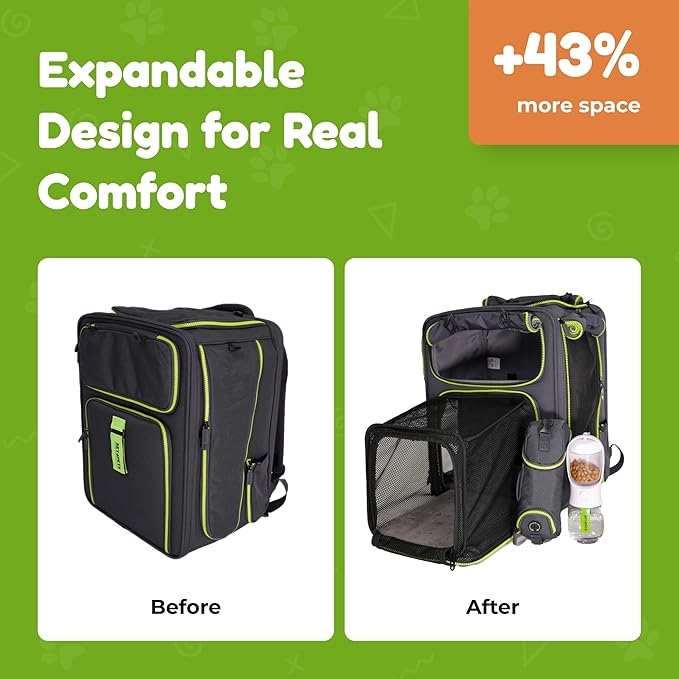 Premium Expandable Cat Carrier Backpack with Car Seat Belt Safety System – Rigid Frame Pet Carrier Backpack for Cats & Small Dogs up to 25 lbs – Breathable, Durable – Includes Bottle & Feeding Bowl