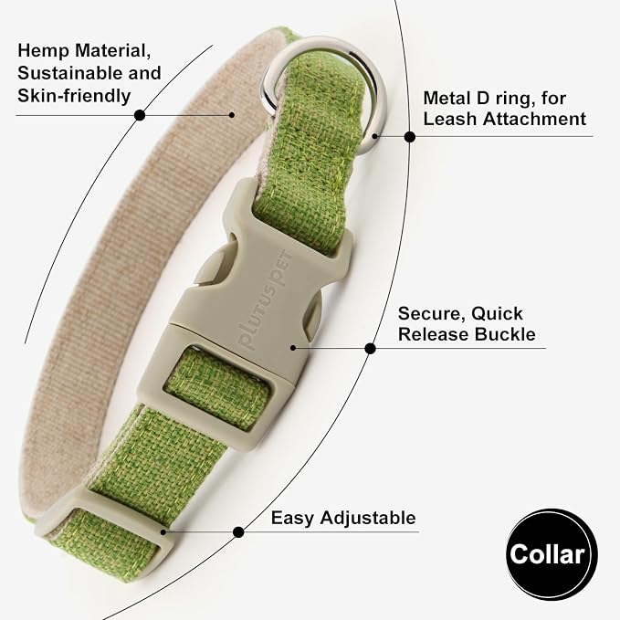 Plutus Pet Cotton Hemp Dog Collar and Leash Set, Adjustable Collar for Small, Medium, and Large Dogs, Heavy Duty and Soft on Skin, Green, M