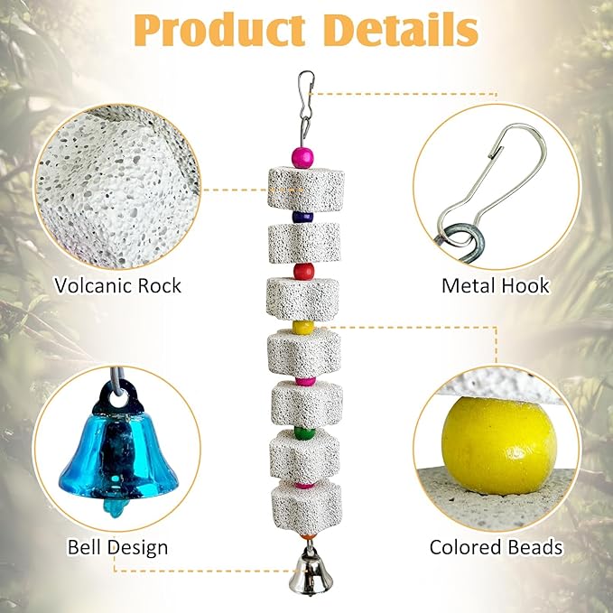PINVNBY 3 Pack Bird Chewing Toy Lava Calcium Bird Beak Grinding Stone with Bell Hanging Parakeet Cage Accessories for Parrots Budgies Cockatiels African Grey (7 Block Per String)