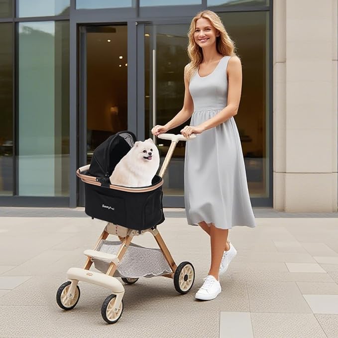 SUNNYFEEL Pet Stroller for Small Dogs and Cats, Aluminum Two-in-one Split, One-Click Foldable Dog Stroller, Holds up to 40 lbs, Storage Basket & Side Bag, Breathable Mesh, Black