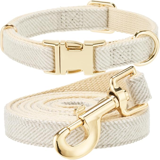 Luxury Soft Cotton Tweed Fabric Dog Collar & Leash Set with Gold Buckle – Durable Fabric, Stylish Design for Everyday Walks(Small Grey)