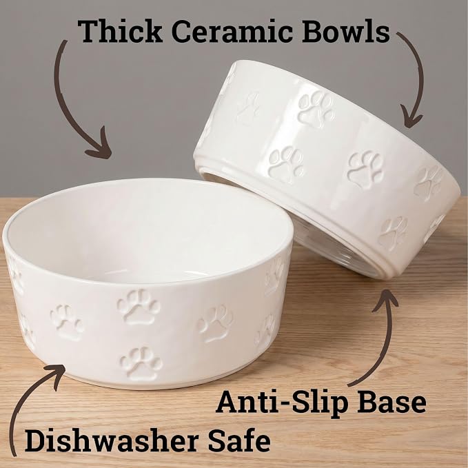Ceramic Dog Bowl Set of 2 with Anti-Skid Base - 6.5" Wide x 2.5" Tall Ceramic Dog Bowls Medium Sized Dogs - 3.8 Cup Capacity Food and Water Bowls for Dogs - Rubber Bottom Pet Bowl Set of 2 Medium Size