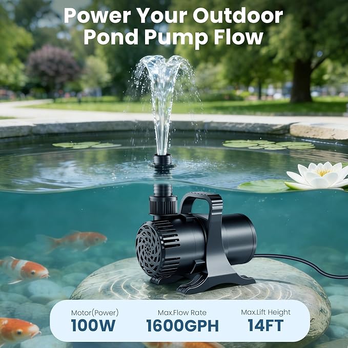 100W 1600 GPH Pond Pump, Ultra Quiet Heavy Duty Submersible Water Pump for Koi Ponds, Fountains, Aquariums & Waterfalls, Submersible & Inline Use, 20.3 ft Power Cord, Includes Filter Bag