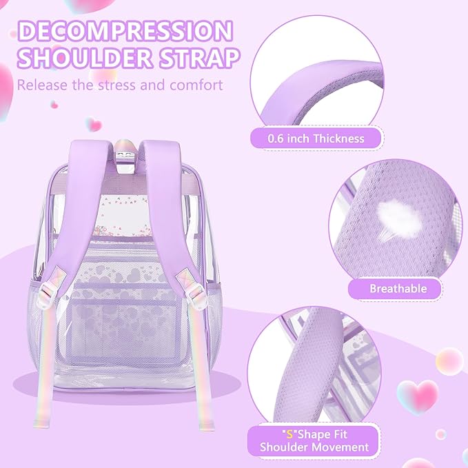 MOONBABY Clear Backpack for School Girls, Heavy Duty TPU Transparent Backpack Stadium Events Approved, Clear Bookbag