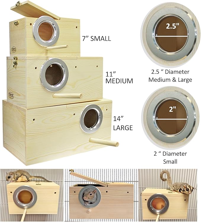Sturdy Nest Box (L) - Cage Attachment, Hinged Lid, Perching Ledge - for Sugar Glider, Squirrel, Rat, Finch, Parakeet, Lovebird, Parrotlet, Lovebird, Canary, Cockatiel, Other Birds & Small Pets