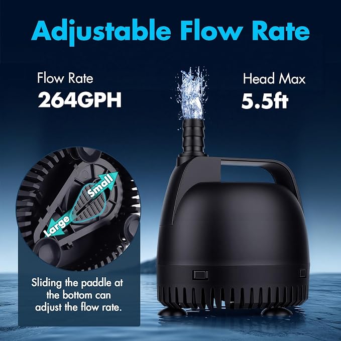 hygger 264GPH Aquarium Submersible Pump, Fish Tank Water Pump Adjustable Flow with 2 Nozzles, 5.5 ft High Lift Quiet Fountain Pump for Aquarium, Pond, Hydroponics, Water Garden