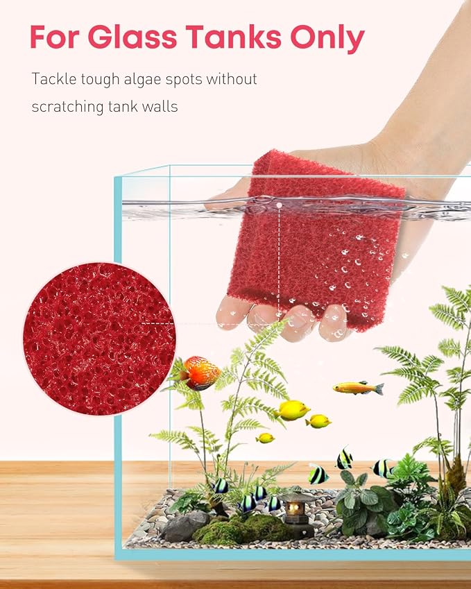 Pawfly 8 Pack Aquarium Glass Cleaner Sponge, 3.25" x 3.25" x 1", Algae Scrubber Pad for Glass Aquariums, Fish Tank Glass Cleaner, Aquarium Sponge, Aquarium Cleaning Tools, Red (Not for Acrylic Tank)