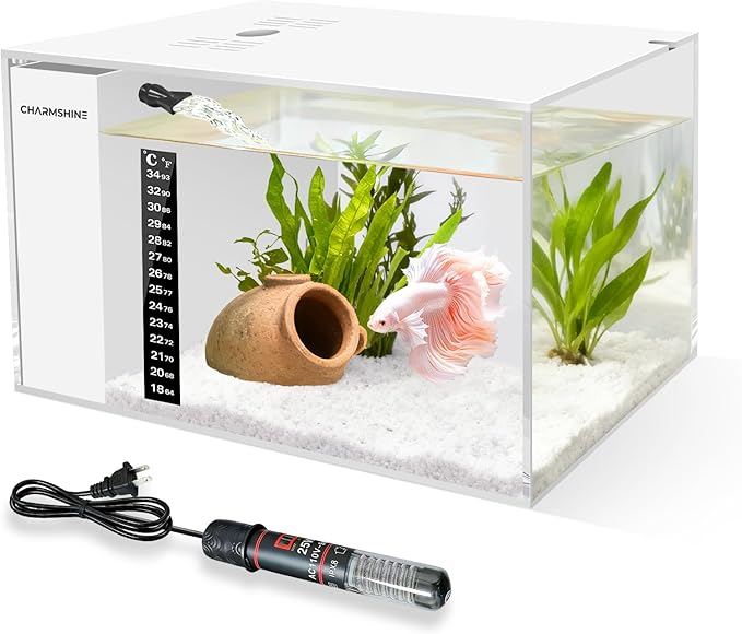 Fish Tank Betta 2.5 Gallon Desktop Small Beta Fish Aquarium Starter Kit with 25W Heater LED Light and Mini Water Pump & Filter Media Compact Aquarium for Betta Fish, Shrimp(White)