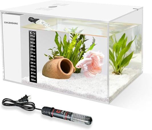 Fish Tank Betta 2.5 Gallon Desktop Small Beta Fish Aquarium Starter Kit with 25W Heater LED Light and Mini Water Pump & Filter Media Compact Aquarium for Betta Fish, Shrimp(White)