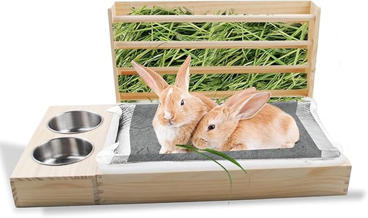 Rabbit Hay Feeder with Litter Box, 3 in 1 Wooden Bunny Feeder, Small Animal Hay Holder Rack for Rabbit, Guinea Pig, Hamster, Ferrets