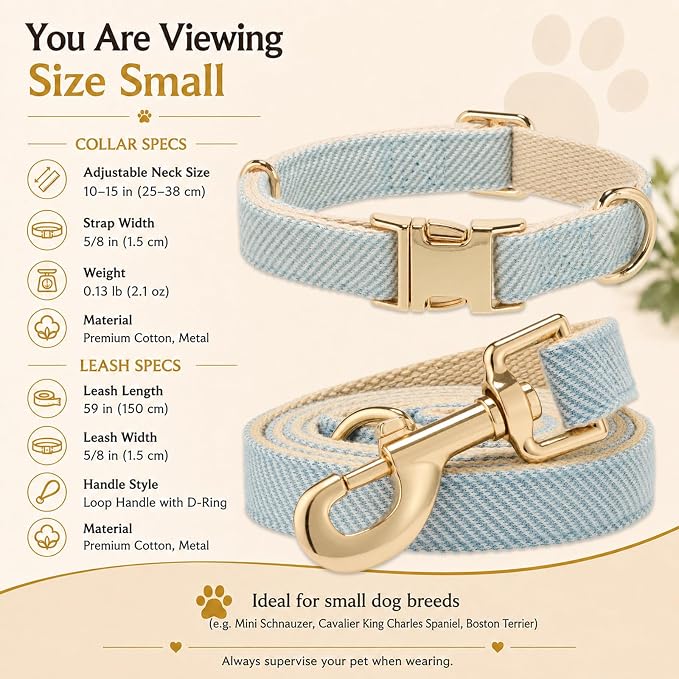 Herringbone Tweed Dog Collar and Leash Set for Small Dogs, Light Blue | Snag-free, no-rub design. Soft breathable cotton, gentle on fur. Adjustable durable matching combo for walks & outdoors.