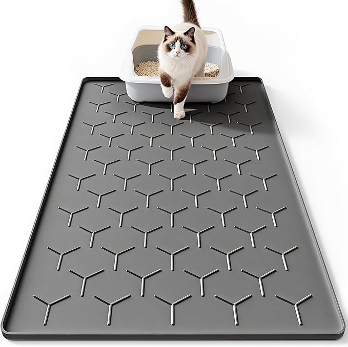 Bulkniu Large Silicone Cat Litter Mat, Waterproof/Urineproof, Litter Recycling, Easy to Clean, Soft on Kitty Paws (22"X34"-Dark Grey)