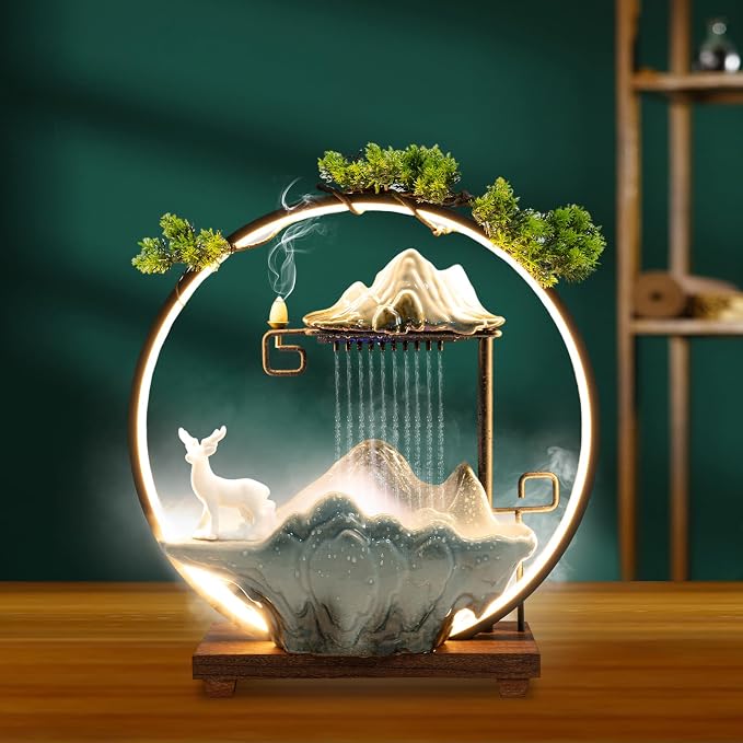Indoor Fountain Rockery Tabletop Fountain with an Atomizer Elaxation | Water Feature Meditation Desktop Fountains for Home Office Decor or Giving 11.4' x 6'' x 3.7'' with LED Light