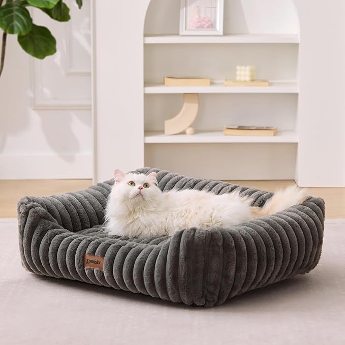 ZOMISIA Dog Bed Medium Size Dog - Large Rectangle Orthopedic Pet Bed with Fluffy Washable Cover and Anti-Slip Bottom, 30x24x9inches, Cream