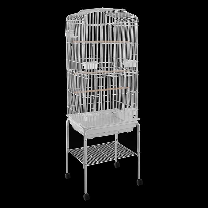 54in Metal Bird Cage Large Parakeet Cages for Parrot, Cockatiel, Lovebird, Pigeon Pagoda Bird House with Rolling Stand,Feeding Bowls & Waterer (White-54in)