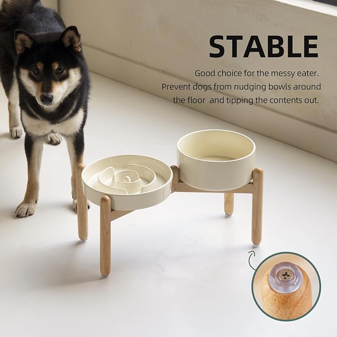 Havniva Ceramic Raised Slow Feeder Dog Bowl Set, Elevated 7.3inch Bowl and 8.2inch Puzzle Slow Dish with Wooden Stand for Medium and Large Dog, Anti-Gulping (2X Light Yellow+ Stand)