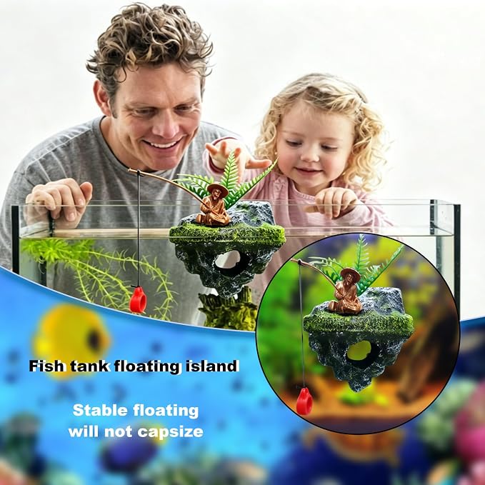 Resin Aquarium Floating Island Decoration, Fish Tank Floating Hiding Cave, Fisherman Decoration Accessory, Betta Fish Habitat, Suitable for Guppies, Rainbowfish and Hermit Crabs