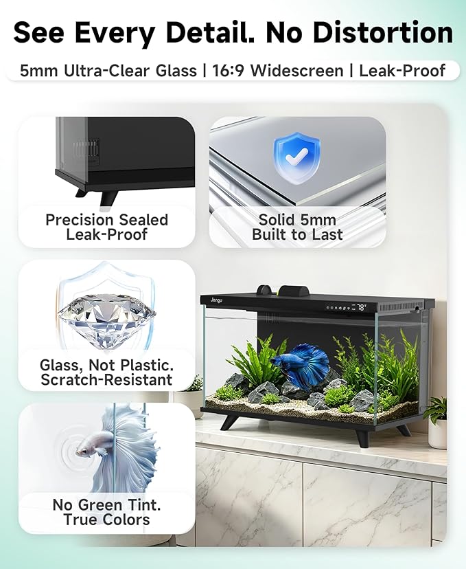 M1 5 Gallon Aquarium Starter Kit, App Control Smart Fish Tank with Filter, Auto Feeder, Quiet Pump, Timer Light, Temp Display, Crystal-Clear Glass Desktop Betta Tank for Guppy Shrimp, Black