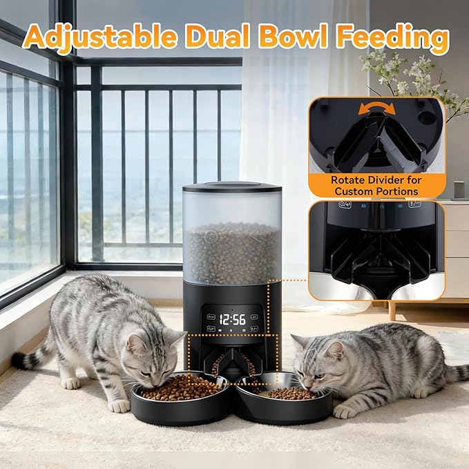 NEWBULIG Automatic Cat Feeder for 2 Cats, 6L Timed Pet Feeders with 10s Voice Recorder, Dog Food Dispenser, Dry Food, 6 Meals, Programmable 50 Portions, Dual Power Supply