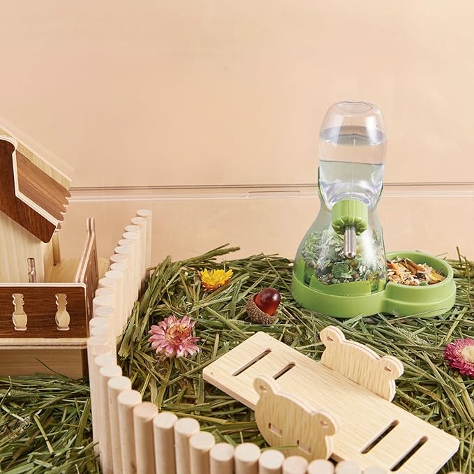 2 in 1 Hamster Water Bottle No Drip with Large Capacity Automatic Food Dispenser Small Animal Feeder for Syrian Dwarf Hamster Mouse Rat Degu (Green, 3oz)