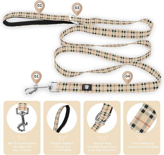 NESTROAD Dog Collar and Leash Set,Soft Neoprene Pet Collar with Quick Release Buckle,Adjustable Nylon Dog Collars for Small Medium Large Dogs(Small,Cherecked Beige)