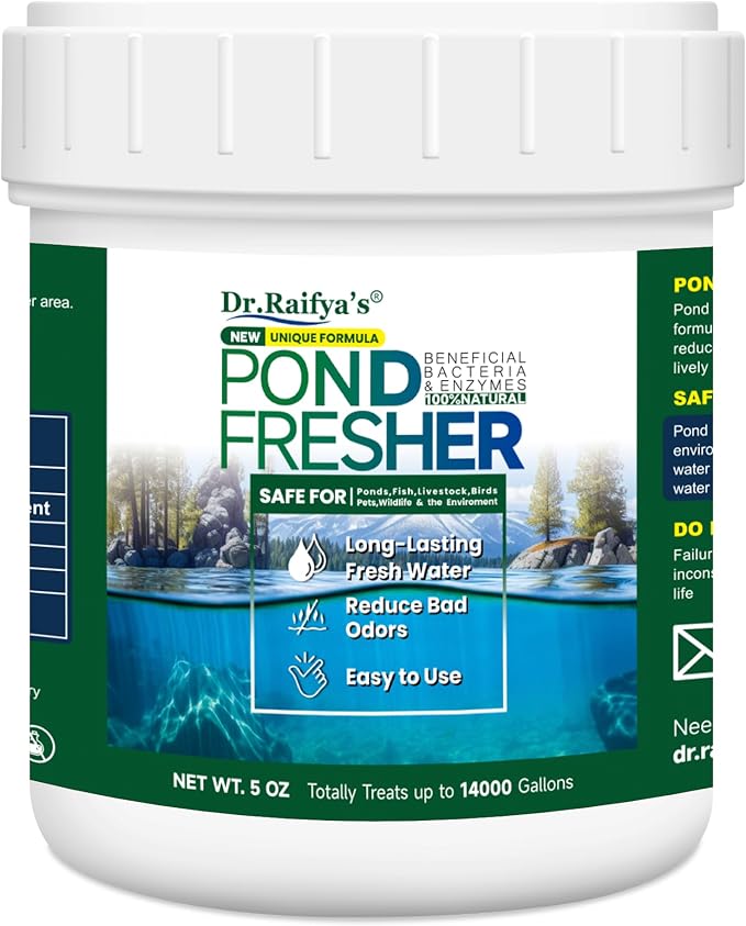Dr.Raifya's Pond Fresher-Water Clear & Odor Control for Pond & Fountain-5OZ | Natural Enhanced Cleaning Power, Beneficial Bacteria & Enzymes, Improves Water Clarity, Safe for Fish, Birds, Pets & Wildlife