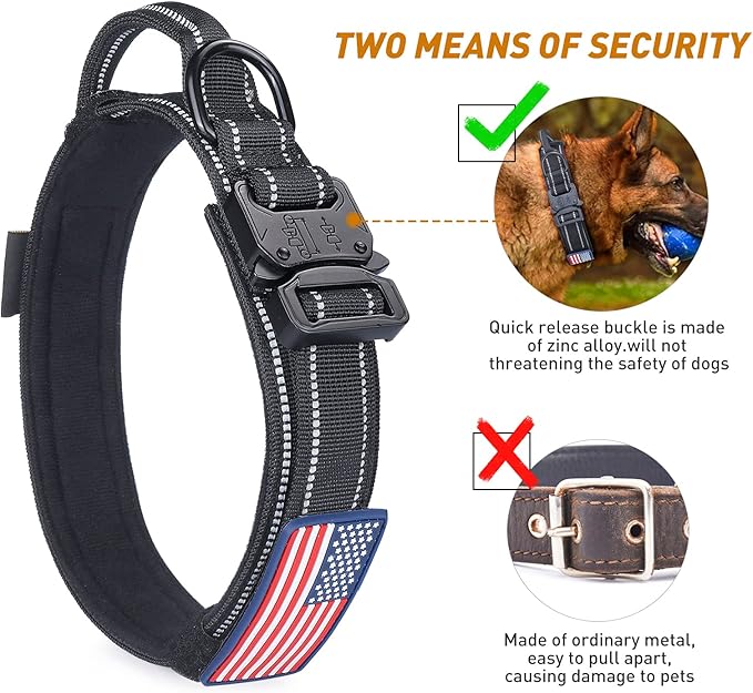 AUBELL Reflective Tactical Dog Collar,Adjustable Military Heavy Duty K9 Collars with Handle and Quick Release Metal Buckle Great for Medium Dogs, with Airtag Case and 2 Patches (Black,M)