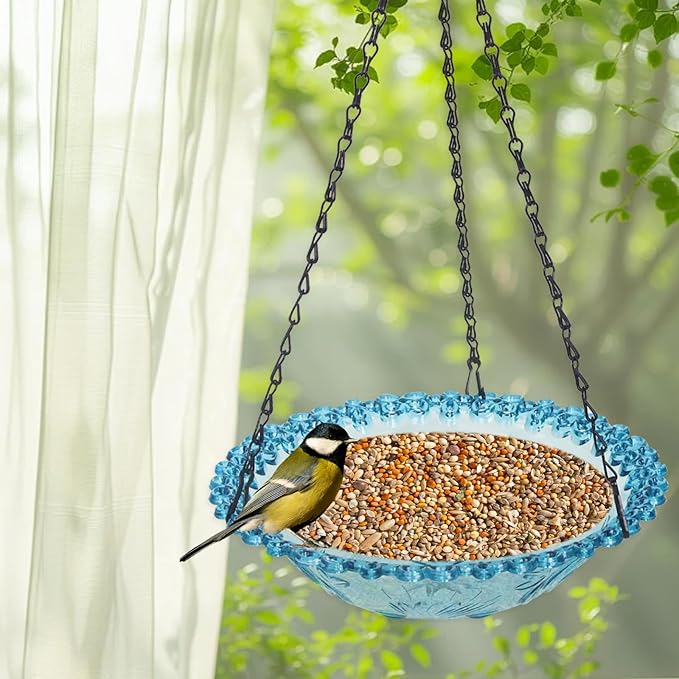 Bird Bath Hanging Seed Feeder Garden Plate Hanging Tray for Wild Backyard Attracting Birds (Blue-Single Bath)