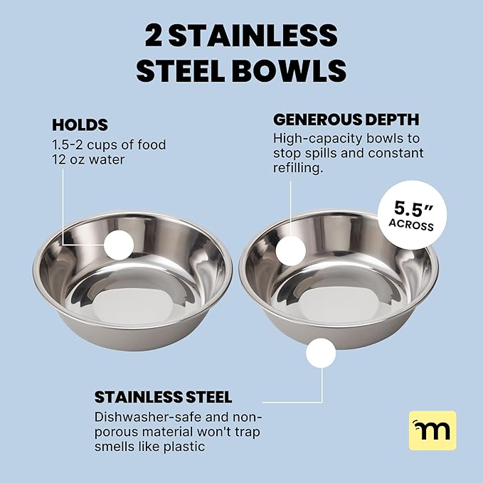 MalsiPree Elevated Dog Bowls for Small Dogs - 6.5" Raised Dog Bowl Stand with Splash Guard - Portable Folding Pet Feeding Station with 2 Stainless Steel Bowls - Dog Birthday & Adoption Gift, White
