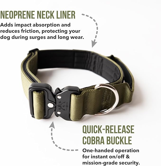 Operation Good Boy Tactical Dog Collar – Heavy Duty Military-Grade Nylon with Quick Release Buckle & Training Handle – Adjustable for Medium and Large Dogs (Green)