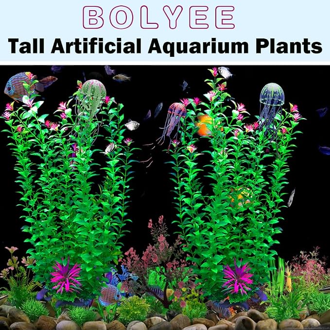 2 pcs Aquarium Decor Plants 21 Inches Extra Large Artificial Plastic Fish Tank Plants with Flowers, Tall Fish Tank Decoration for Betta Fish Tank