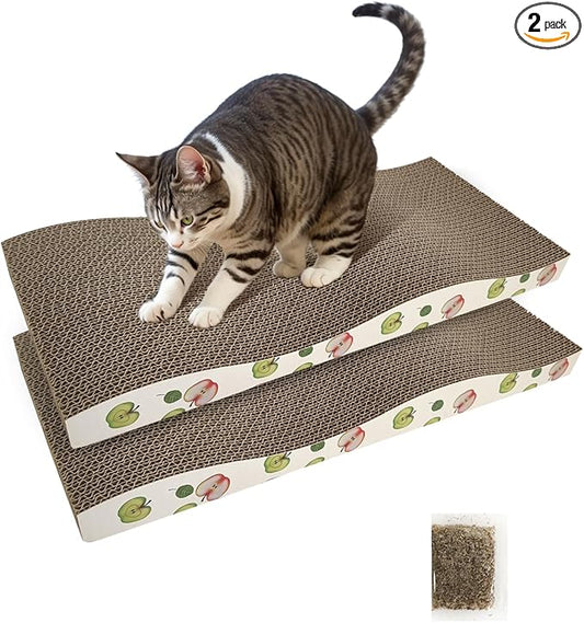TIMHAKA Cat Scratching Board, Corrugate Cat Scratcher for Indoor Cats with Catnip, Cat Scratch Pad with Premium Scratch Textures Design, Cardboard Cat Scratcher with Double-Sided Usability (Pack of 2)