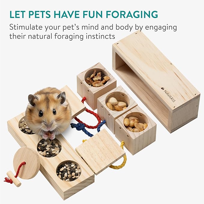 Navaris Wooden Treat Dispensers - Set of 2 - Solid Wooden Pet Toys for Feeding & Foraging - Ideal Hamster, Rabbit, Rat, Gerbil & Guinea Pig Toy & Accessories