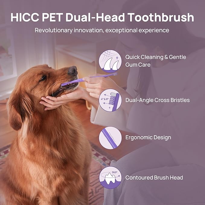 HICC PET Toothbrush for Dogs & Large Cats, Vet-Recommended Ergonomic Pet Toothbrush for Easy Teeth Cleaning, Gentle on Gums, Cat & Dog Dental Care, Improves Oral Hygiene. Toothpaste Not Included