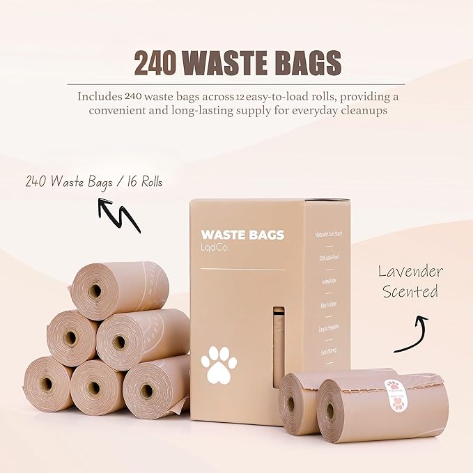 Bio-Based Dog Poop Bags, Silky Soft & Leak-Proof, Lavender-Scented, Made from Cornstarch 16 Rolls, 240 Bags