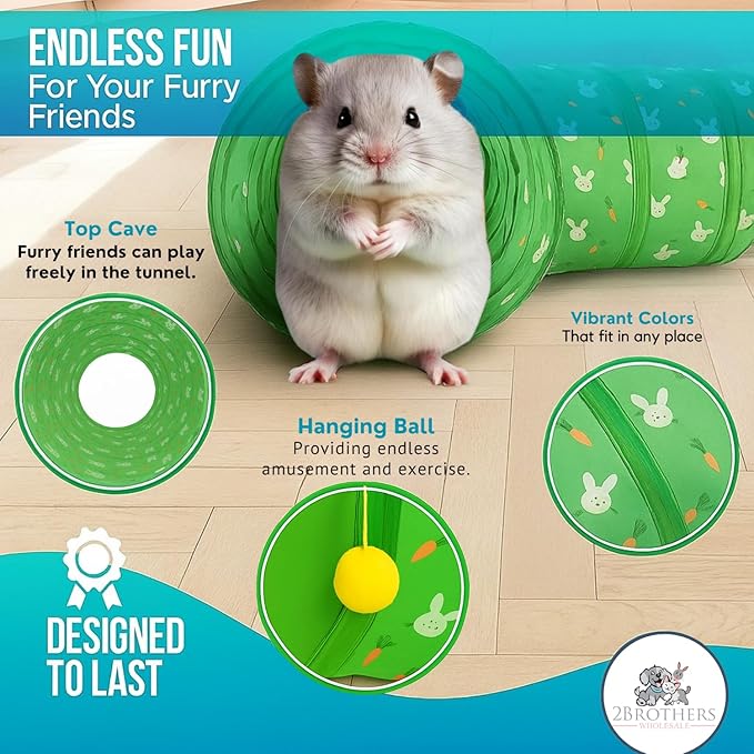 Tunnels with 3-Way Entrance - Cozy, Washable Guinea Pig Hideout - Interactive Cage Toys (Green)